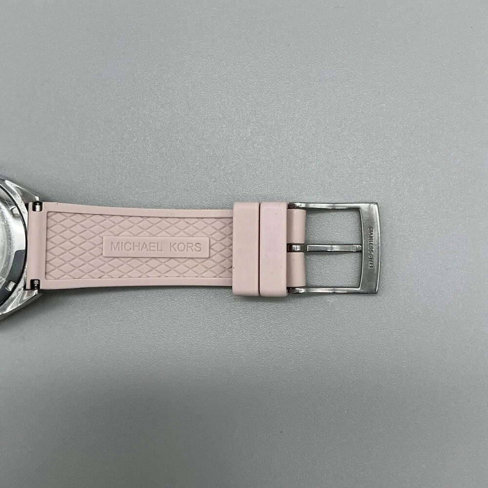 Michael Kors Womens Watch 40mm Silver Tone Pink Crystals Day Date Silicone Band
